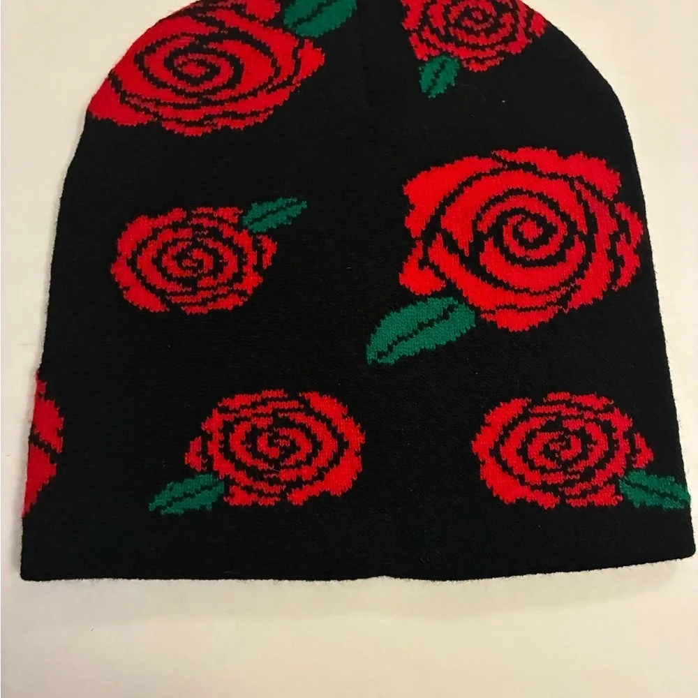 Black Beanie with Red Rose Design - Picture 4 of 4